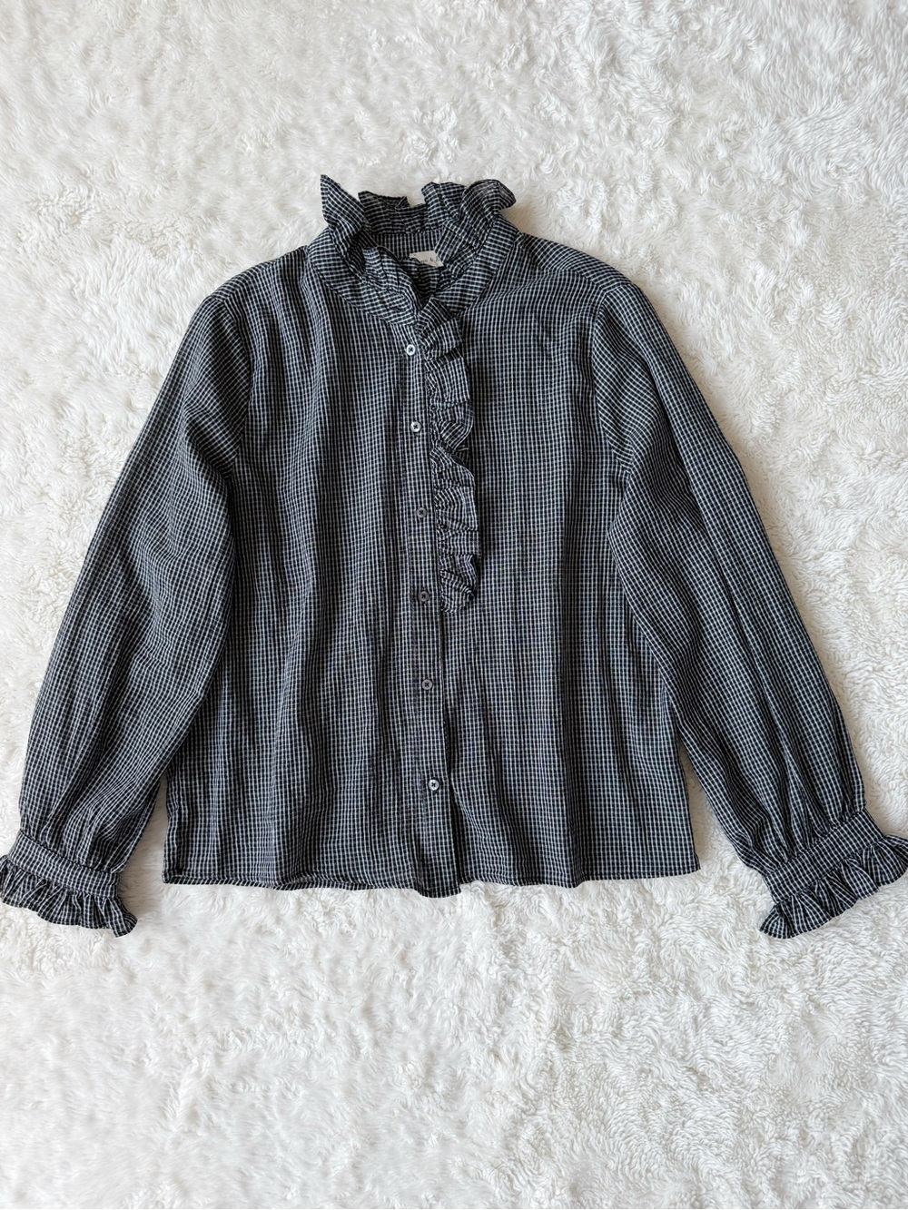 Aaron & Amber Black Light Cotton Gingham Victorian Ruffle Button Down Top LARGE - Picture 2 of 8